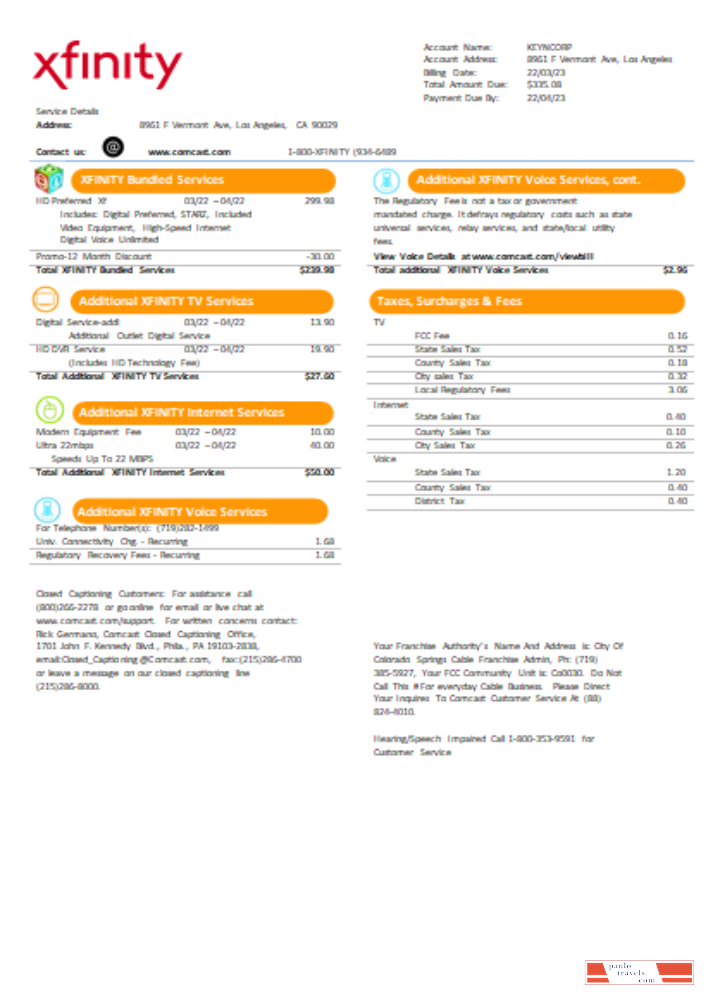 San Francisco Xfinity Comcast utility business bill SCR page 2 PSD template